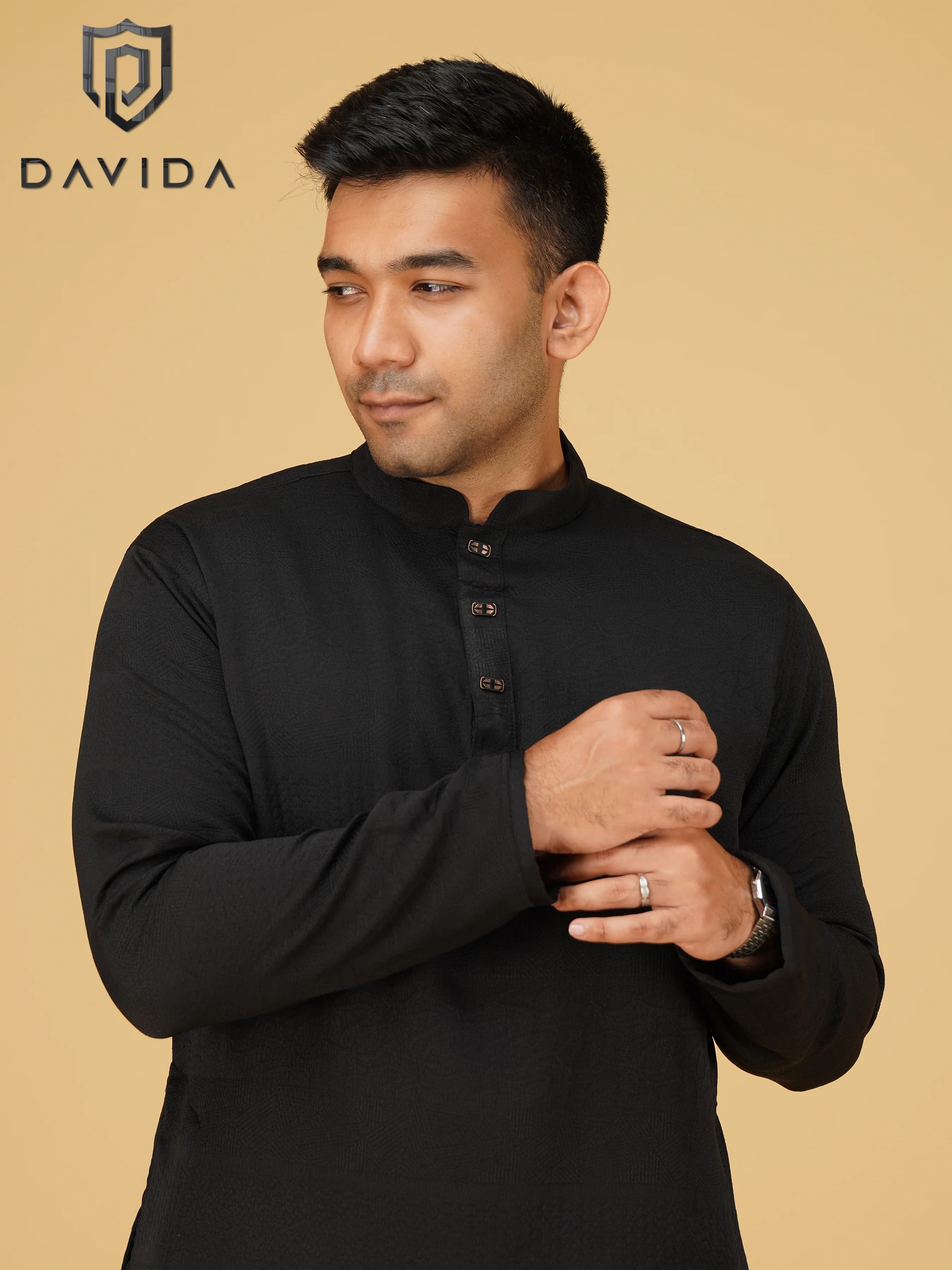 Chinese Embossed Cotton Panjabi (Black)