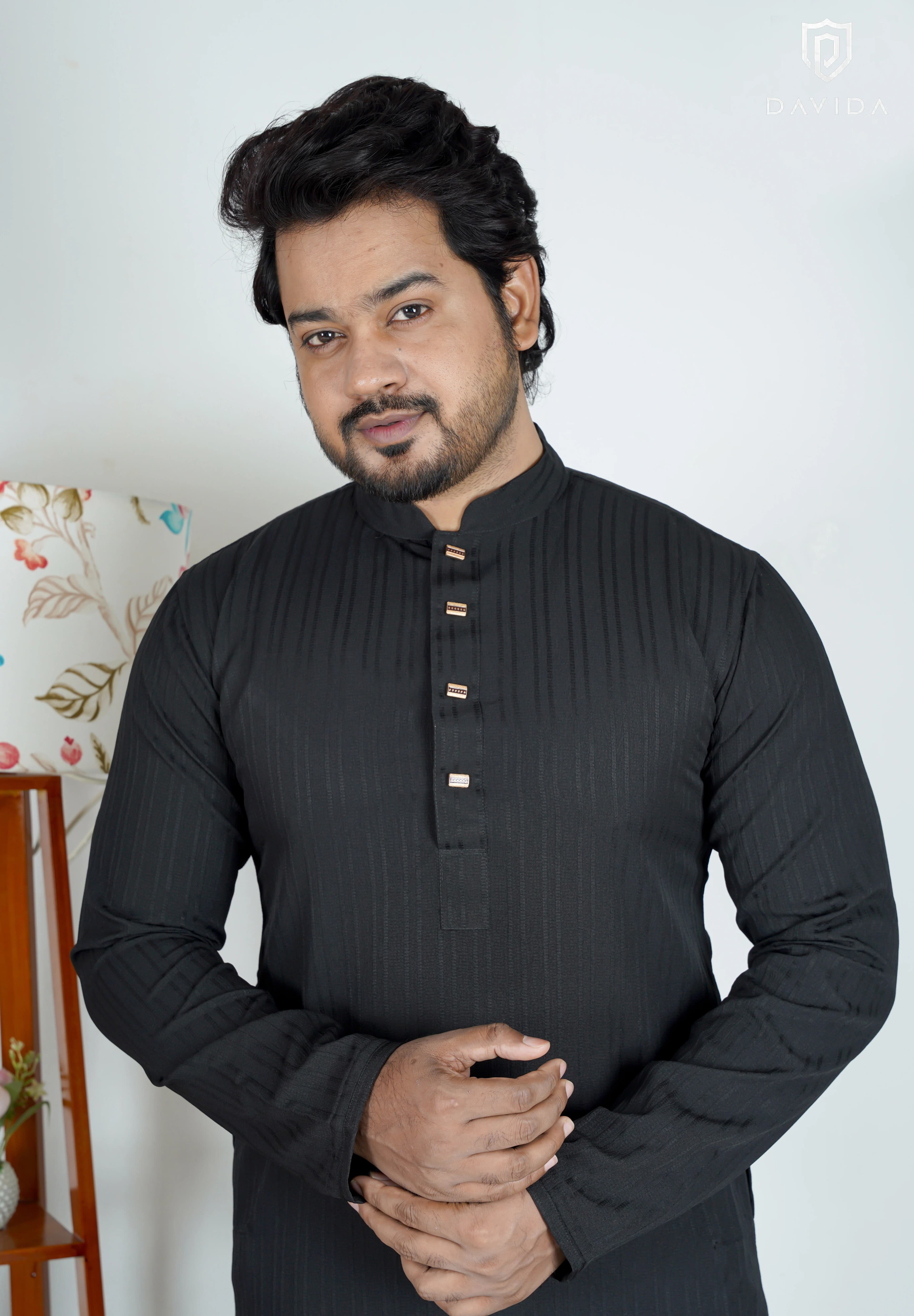 Chinese Popcorn Cotton Panjabi (Black)
