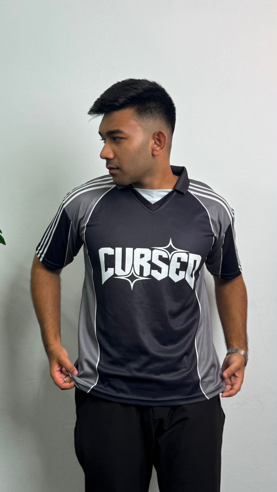 Cursed Retro Jersey in Charcoal Black, front view