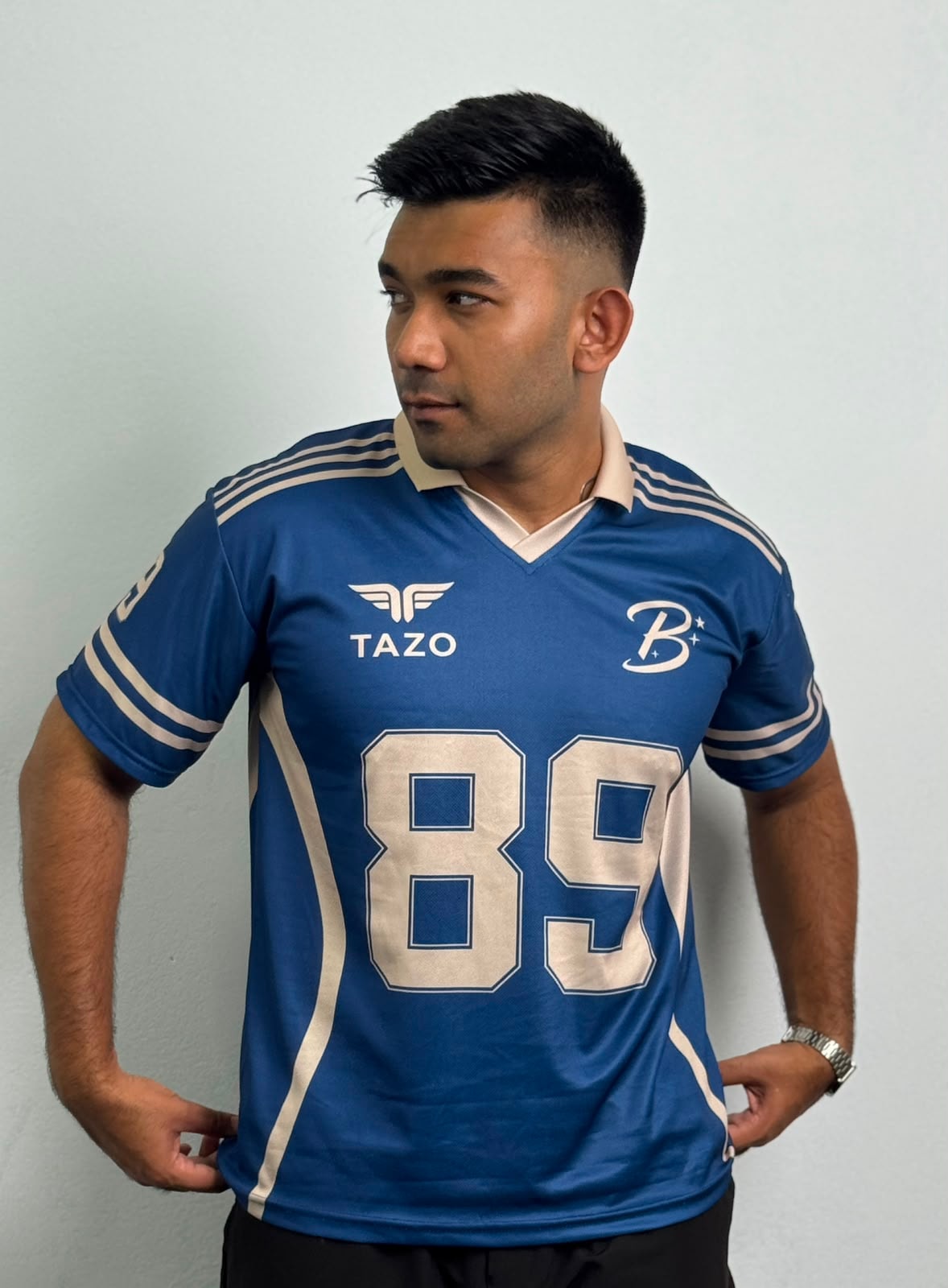 Men's blue retro mesh jersey, front view