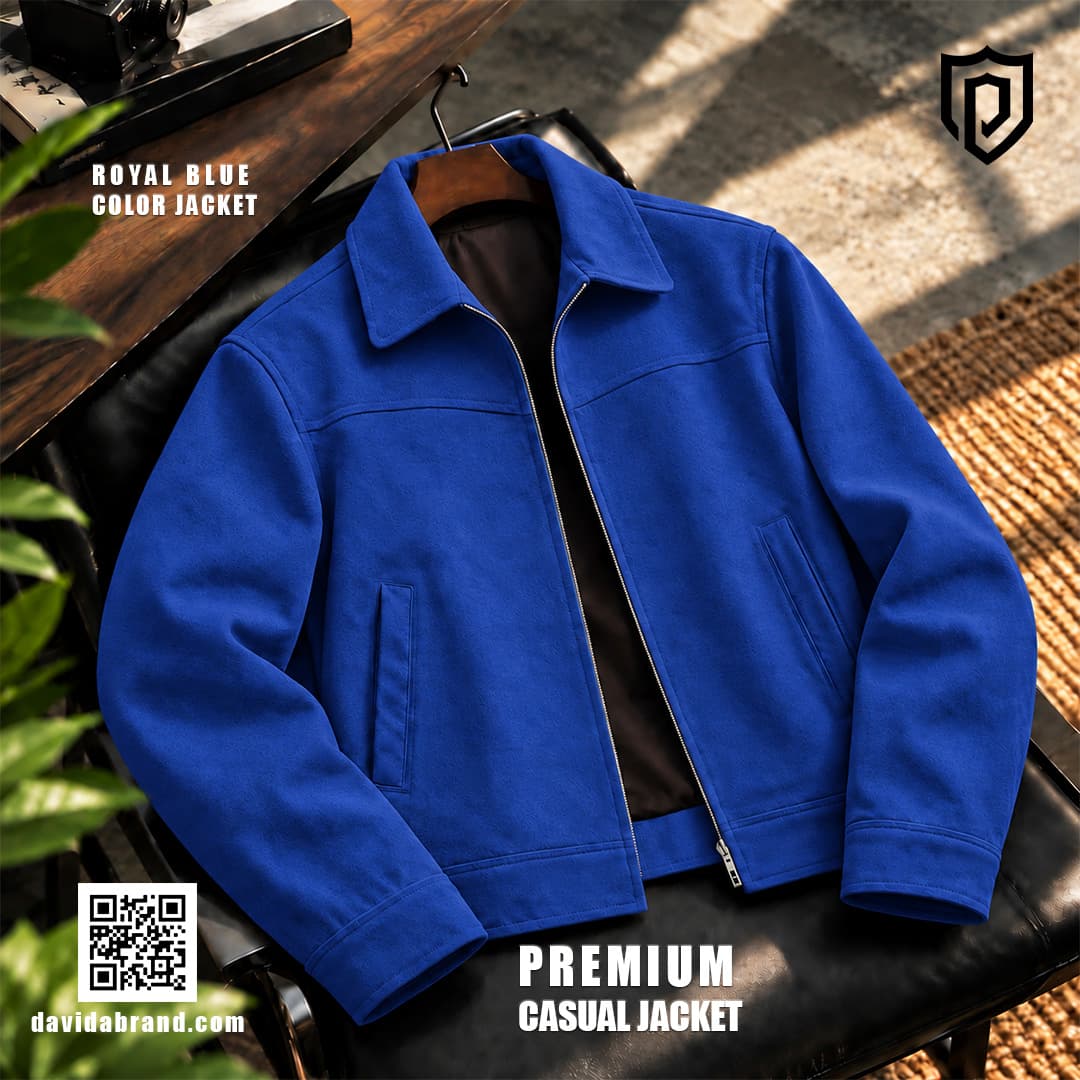 Premium Suede Fabric Zipper Jacket - Royal Blue