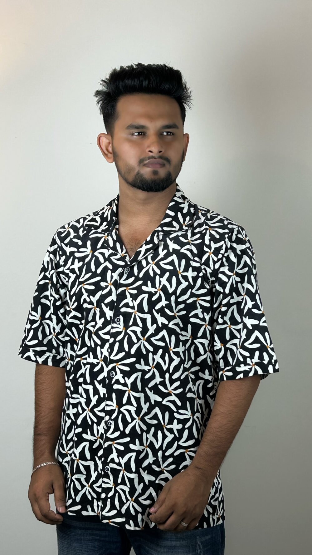 premium cuban collar cotton shirt black and white