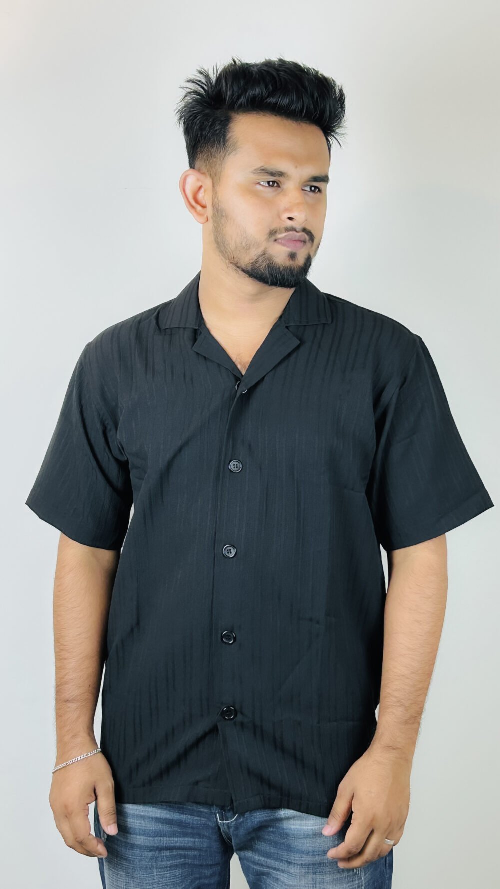 men’s black cuban collar short sleeve shirt – sleek & minimalist style