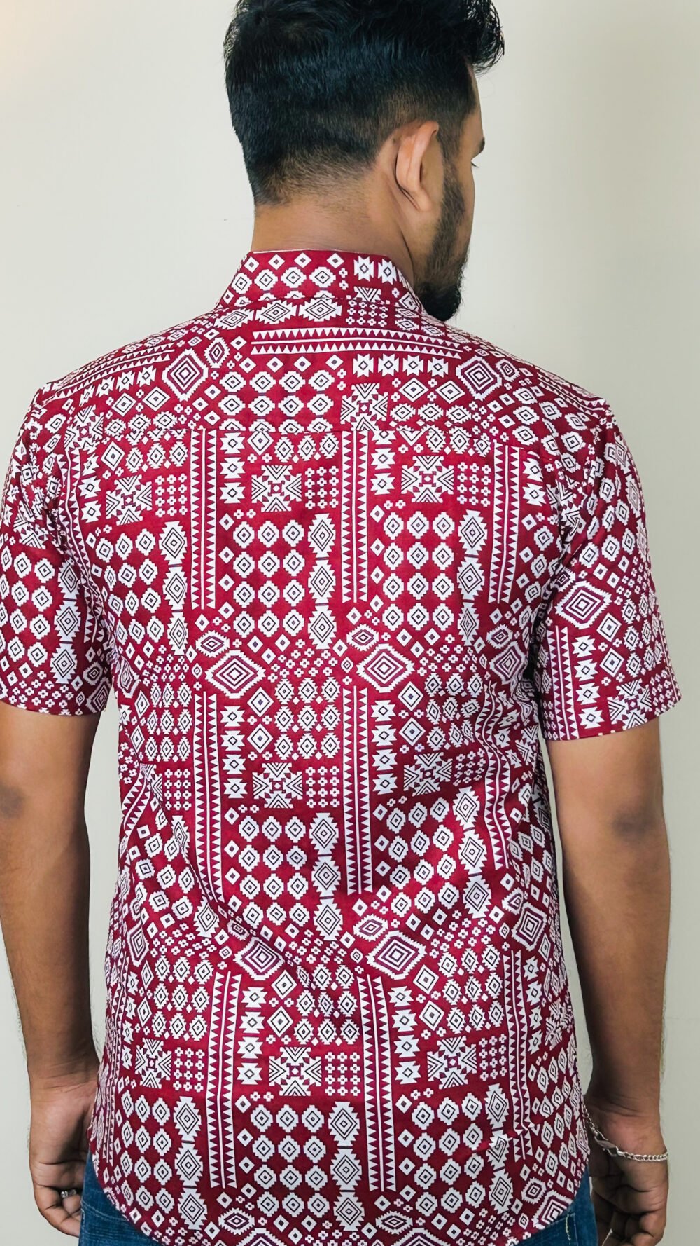 men’s red printed ac cotton shirt – bold geometric pattern | export quality