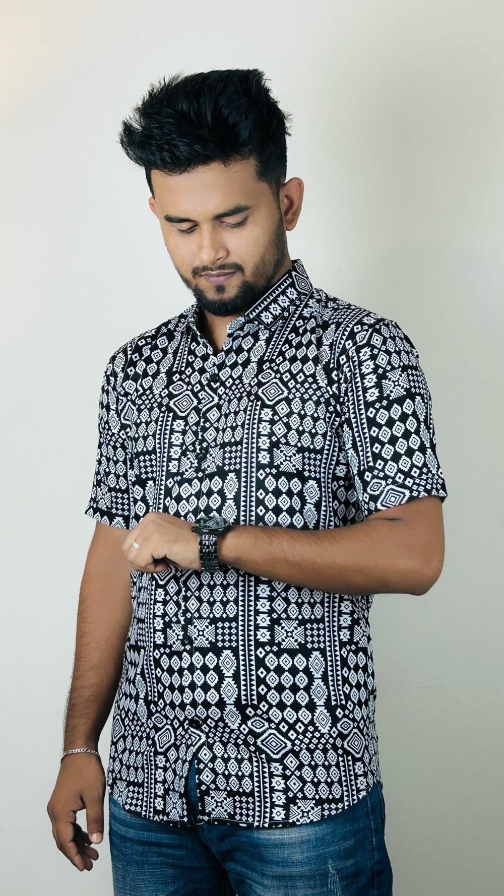 men’s abstract black & white printed shirt – relaxed fit | soft ac cotton
