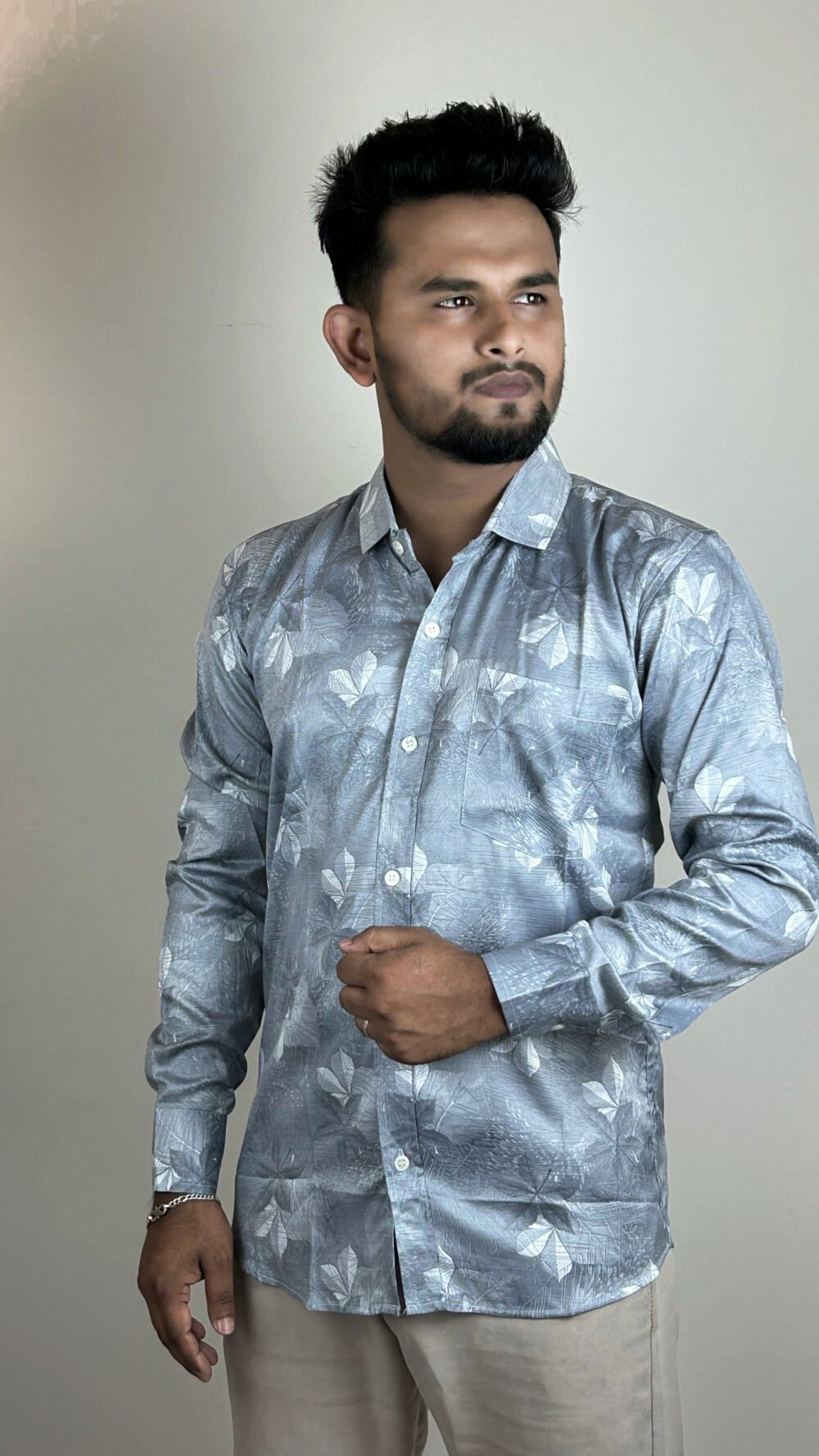 men's grey tonal: leaf print shirt