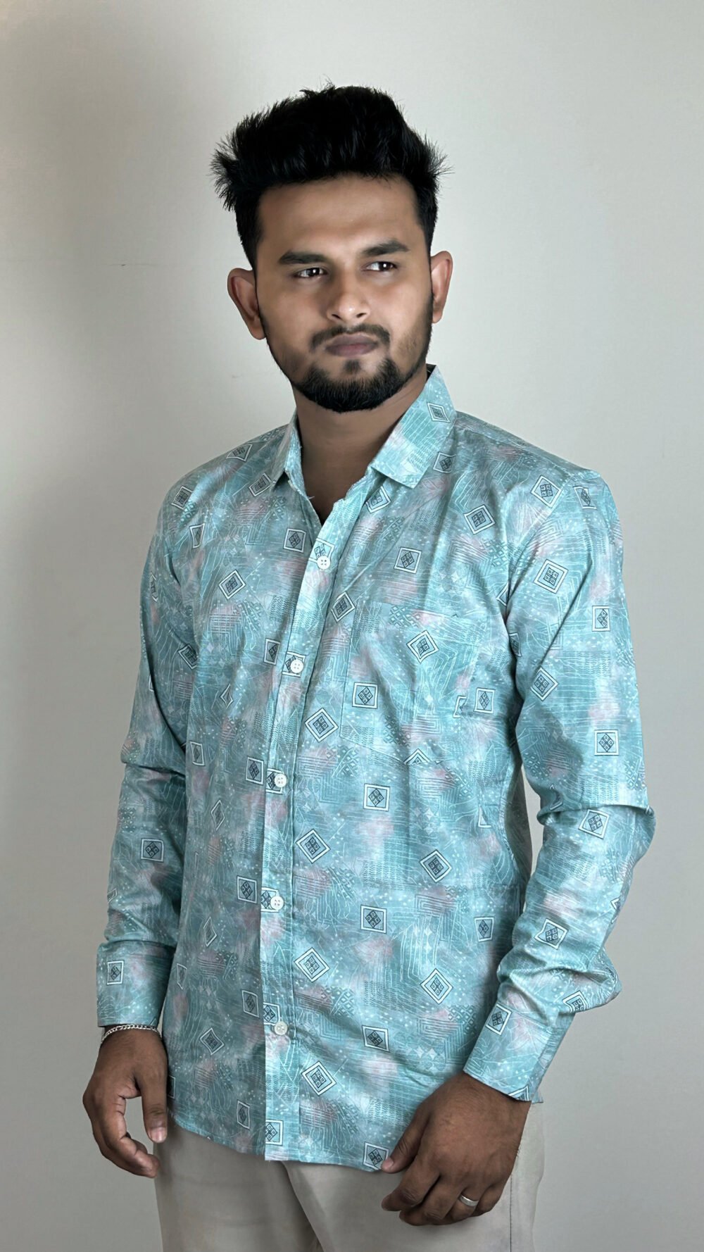 men's light blue geometric print shirt