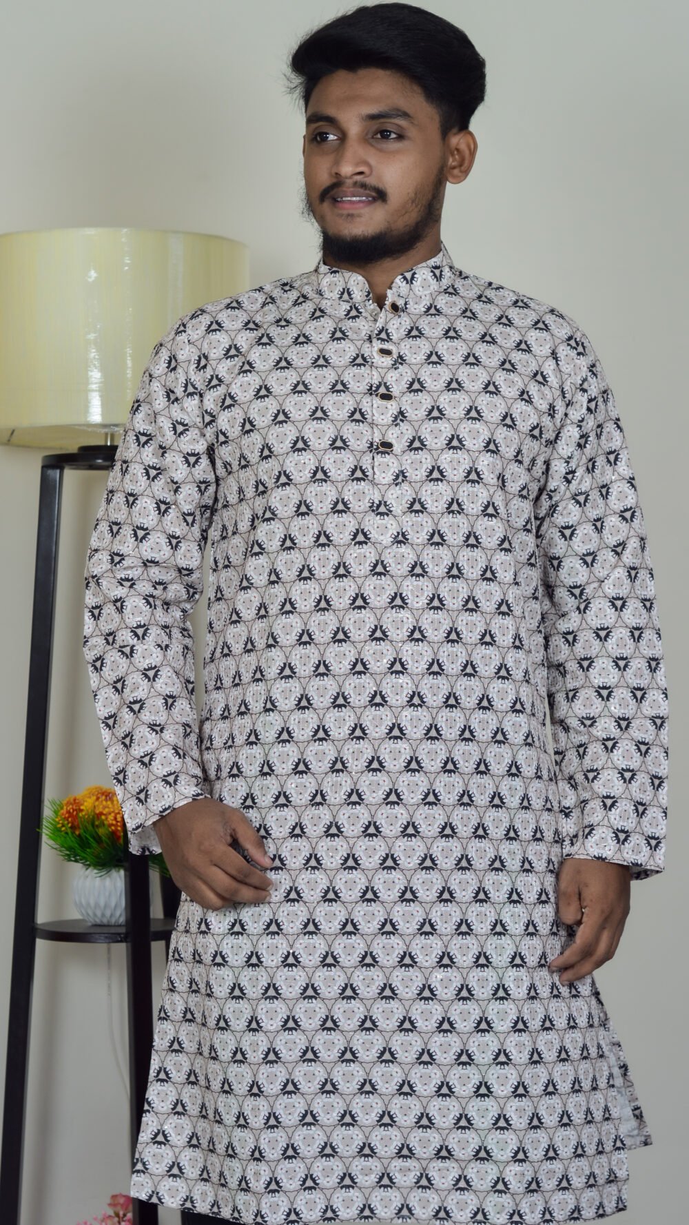 Davida Premium Embossed Snap-Button Panjabi - Monochrome Geometric White