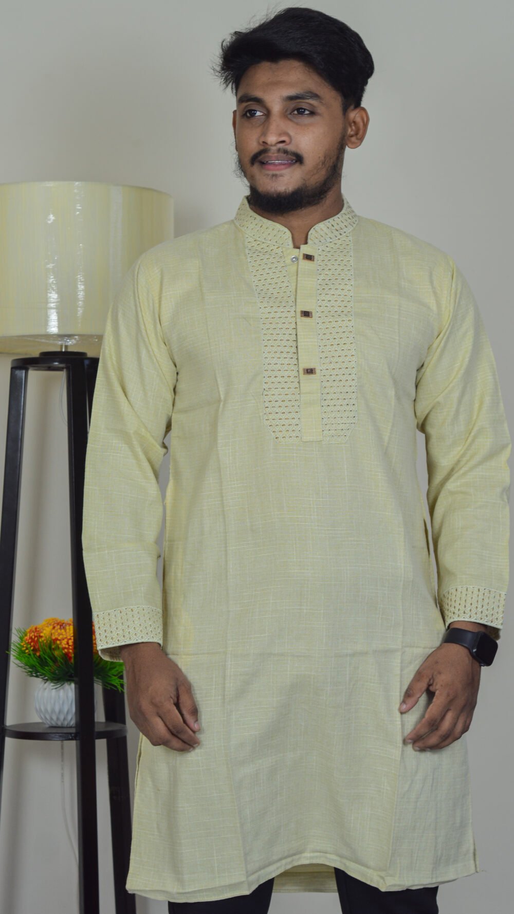 Davida Premium Embossed Snap-Button Panjabi - Mellow Yellow