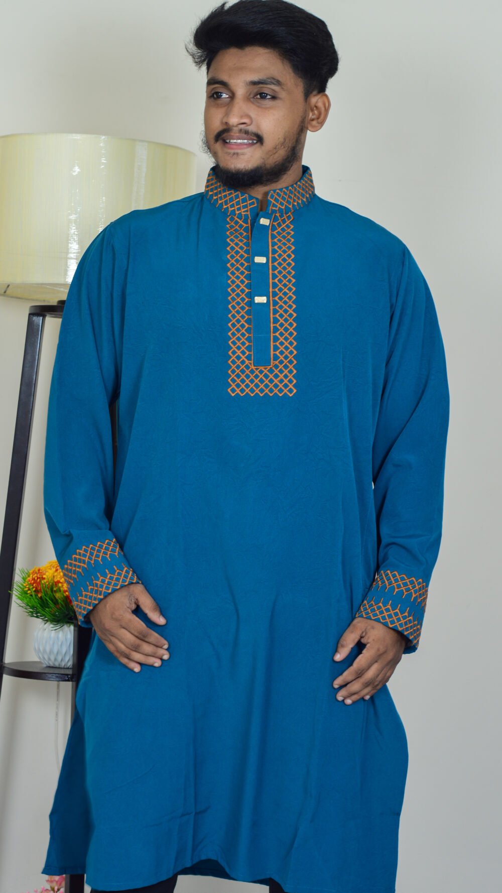 Davida Premium Embossed Snap-Button Panjabi - Teal Royale