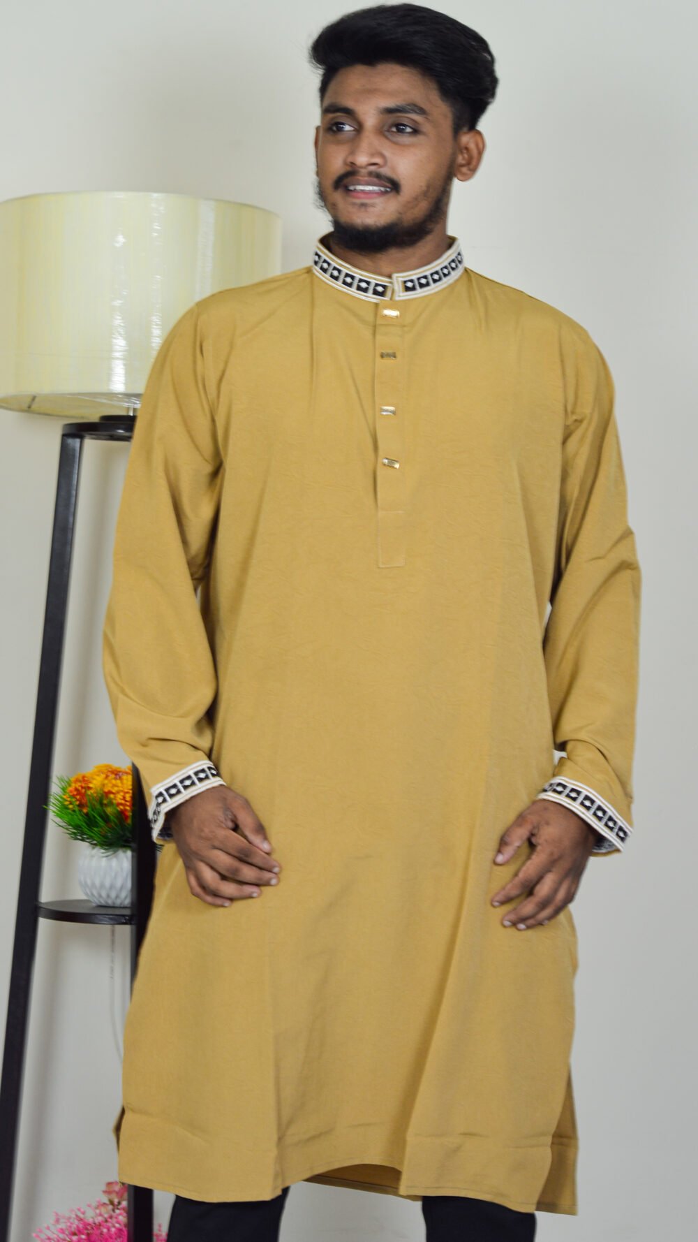 Davida Premium Embossed Snap-Button Panjabi - Meadow Honey