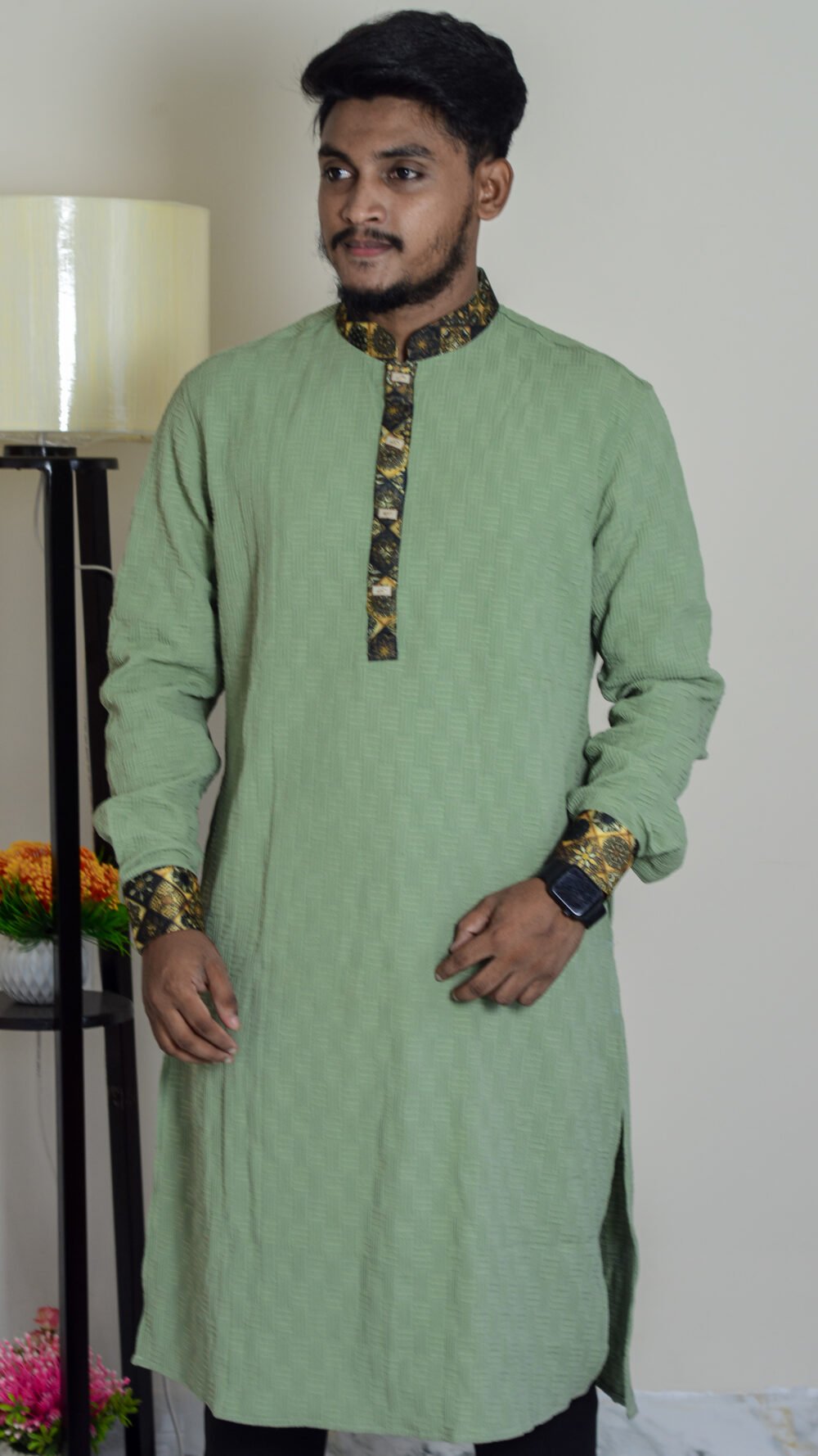 Davida Premium Embossed Snap-Button Panjabi - Pistachio Green